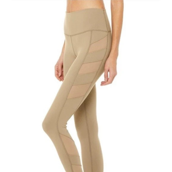 Alo Yoga Legging Xs Tan Block Mesh Stripe Side Detail High Waist - Picture 2 of 10